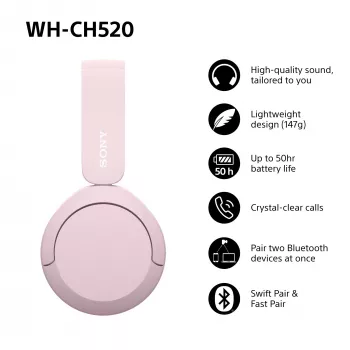 Sony WHCH520P.CE7, ασύρματα, 20 - 20000 Hz, κλήσεις/μουσική, 147 g, headset, ροζ