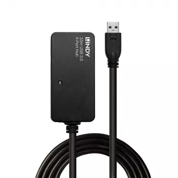 Lindy 43159 ενεργός USB 3.0 διανομέας επέκτασης Pro, 4 θύρες, USB 3.2 Gen 1 (5 Gbit/s), USB-A, 10 m, μαύρος
