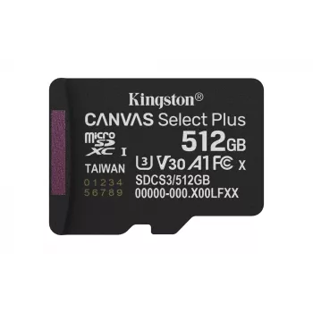 Kingston Technology 512GB micSDXC Canvas Select Plus Gen3 150R A1 Μεμονωμένη συσκευασία χωρίς ADP