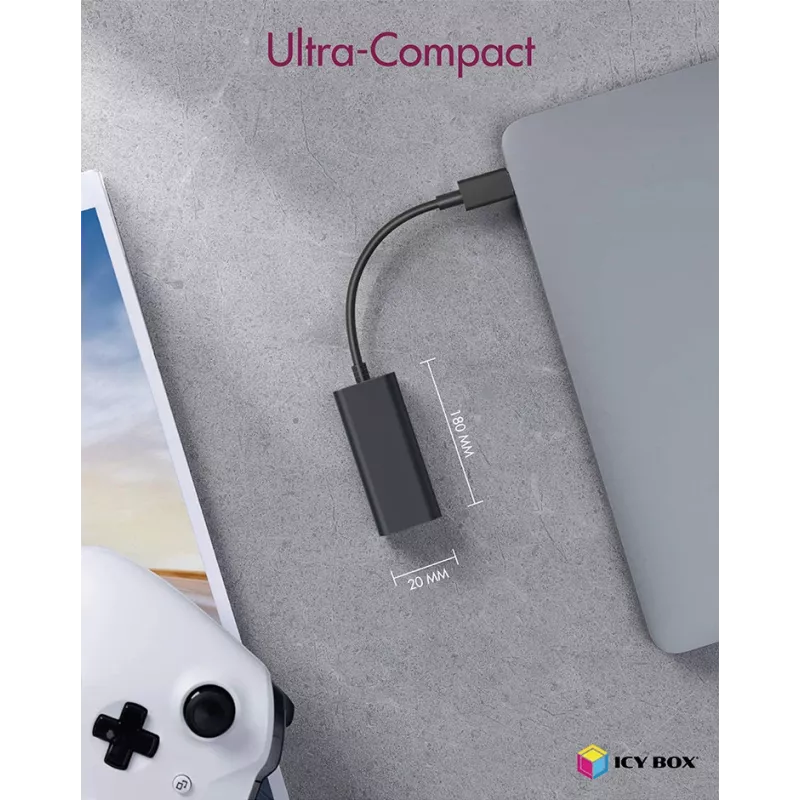 ICY BOX USB 3.0 Type-A σε RJ-45 Ethernet-Port, Ενσύρματο, USB, Ethernet, 1000 Mbit/s, Μαύρο