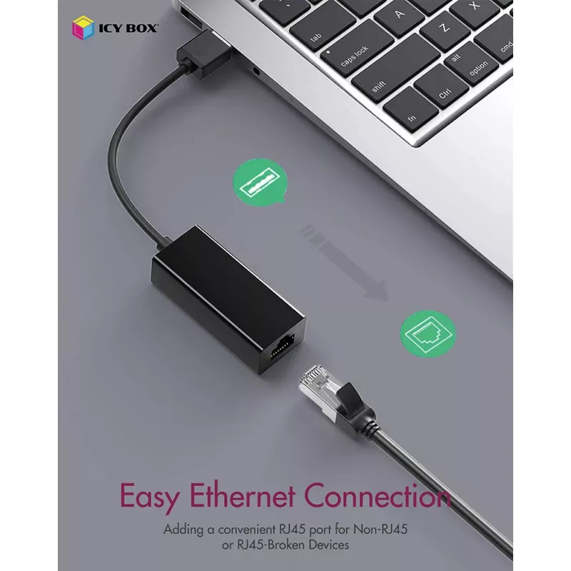 ICY BOX USB 3.0 Type-A σε RJ-45 Ethernet-Port, Ενσύρματο, USB, Ethernet, 1000 Mbit/s, Μαύρο