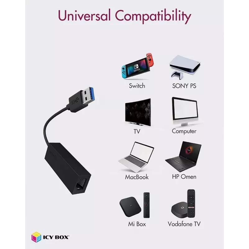 ICY BOX USB 3.0 Type-A σε RJ-45 Ethernet-Port, Ενσύρματο, USB, Ethernet, 1000 Mbit/s, Μαύρο