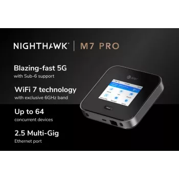 Router κινητής τηλεφωνίας Netgear Nighthawk M7 Pro – Tri-Band Wi‑Fi 2,4/5/6 GHz, 5G Sub6, LTE, Gigabit-Ethernet, USB-C, φορητό, μαύρο