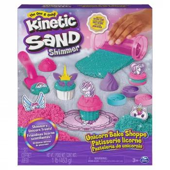 Kinetic Sand Shimmer, σετ παιχνιδιού αρτοποιείου μονόκερου, 16 oz (Shimmer Turquoise και Pink Neon), 8 εργαλεία μονόκερου, αισθητηριακό παιχνίδι για παιδιά από 3 ετών
