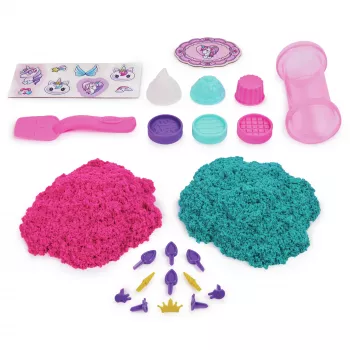 Kinetic Sand Shimmer, σετ παιχνιδιού αρτοποιείου μονόκερου, 16 oz (Shimmer Turquoise και Pink Neon), 8 εργαλεία μονόκερου, αισθητηριακό παιχνίδι για παιδιά από 3 ετών