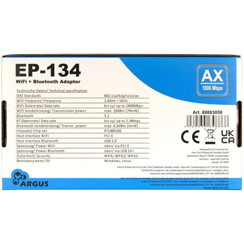 Εσωτερικός προσαρμογέας WLAN-Bluetooth Inter-Tech EP-134 1800 Mbit/s