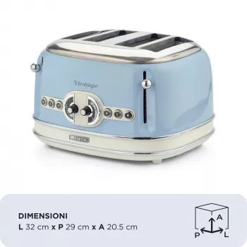 Ariete 156 Τοστιέρα Vintage 4 θέσεων, 1600 Watt, 6 βαθμίδες φρυγανίσματος, ανοξείδωτο χάλυβας βαμμένο σε παστέλ μπλε, χωρίς καλαθάκια σάντουιτς. Μπλε