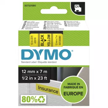 DYMO Authentic D1 ετικέτες | μαύρη εκτύπωση σε κίτρινη ταινία | 12 mm x 7 m | αυτοκόλλητες ετικέτες για εκτυπωτές ετικετών LabelManager | κατασκευασμένες στην Ευρώπη
