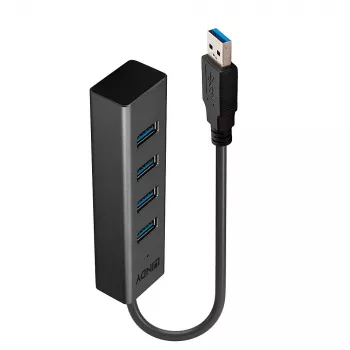 Lindy 43324 διανομέας USB 3.0 4 θυρών, USB 3.2 Gen 1 Type-A, 5 Gbit/s, ενσωματωμένο καλώδιο, αλουμίνιο/πλαστικό, μαύρος
