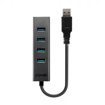 Lindy 43324 διανομέας USB 3.0 4 θυρών, USB 3.2 Gen 1 Type-A, 5 Gbit/s, ενσωματωμένο καλώδιο, αλουμίνιο/πλαστικό, μαύρος