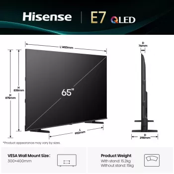 Hisense 65E77Q 165,1 εκ. (65") QLED 4K Ultra HD Smart TV, VIDAA, Wi-Fi, τριπλός δέκτης, μαύρο