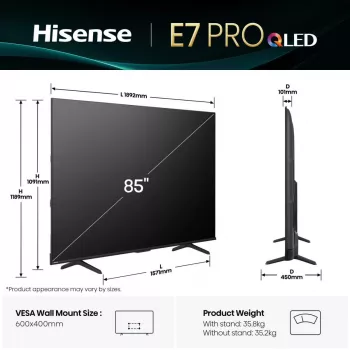 Hisense 85E77Q PRO 2,16 μ. (85") QLED 4K Ultra HD Smart TV, 144 Hz, Wi-Fi, τριπλός δέκτης, εγγραφή μέσω USB, μαύρο