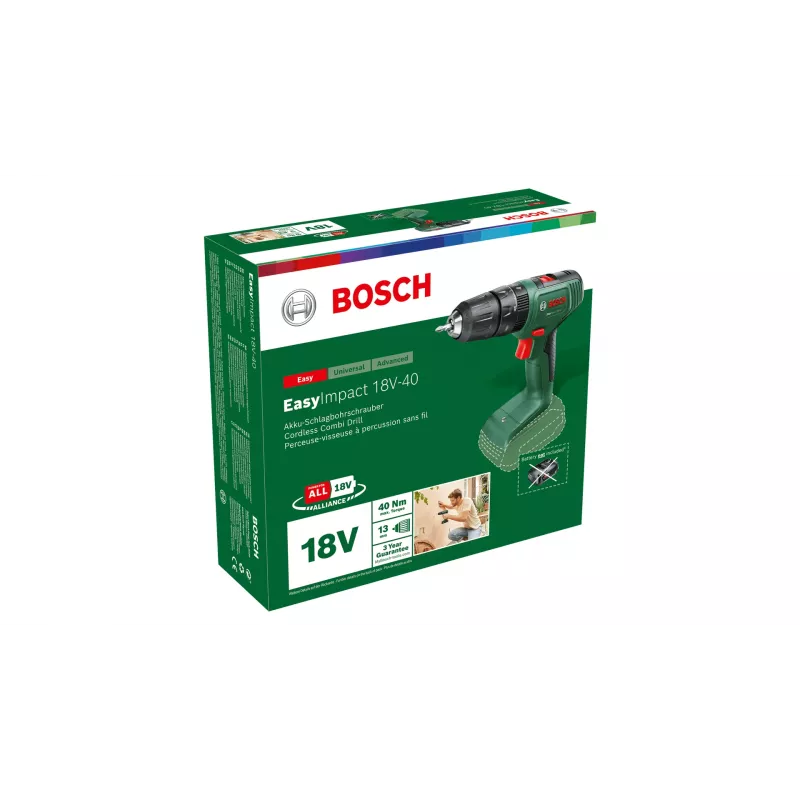 Bosch EasyImpact 18V-40 06039D8100 επαναφορτιζόμενο κρουστικό δραπανοκατσάβιδο, 1630 rpm, 24450 κρούσεις/λεπτό, τσοκ ταχείας σύσφιξης, χωρίς μπαταρία και φορτιστή, πράσινο/μαύρο