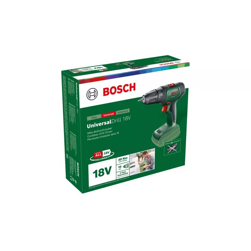 Bosch UniversalDrill 18V 06039D4000 επαναφορτιζόμενο δραπανοκατσάβιδο, 40 Nm, 1450 rpm, 2 ταχυτήτων, τσοκ ταχείας σύσφιξης, χωρίς μπαταρία και φορτιστή, πράσινο/μαύρο
