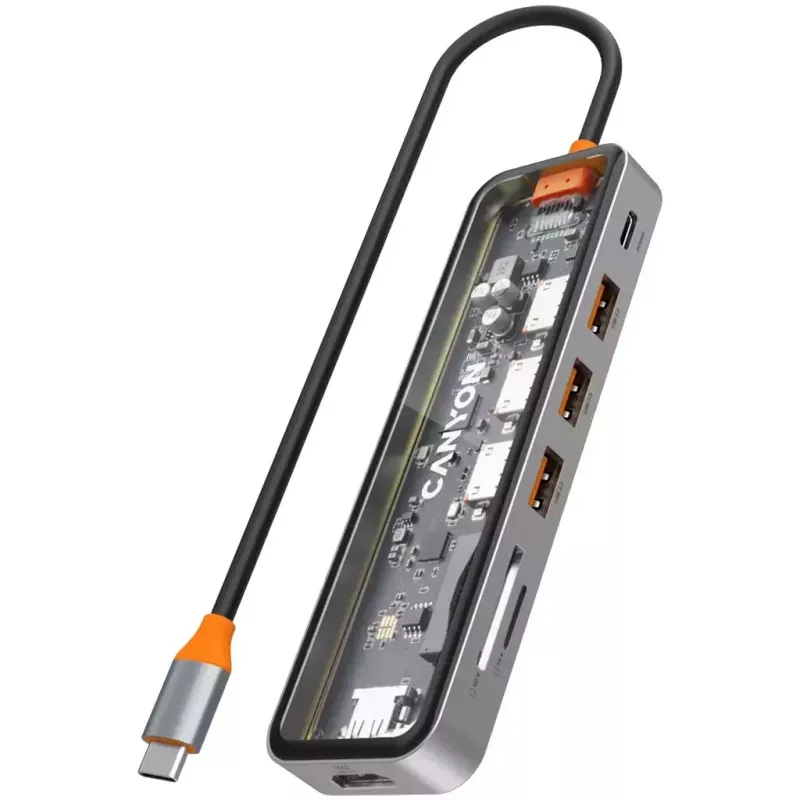 Canyon DS-13 CNS-TDS13 διανομέας USB-C 7 σε 1, HDMI 4K, 3x USB 3.0, USB-C PD 100W, συσκευή ανάγνωσης SD/microSD, διάφανο Space Grey
