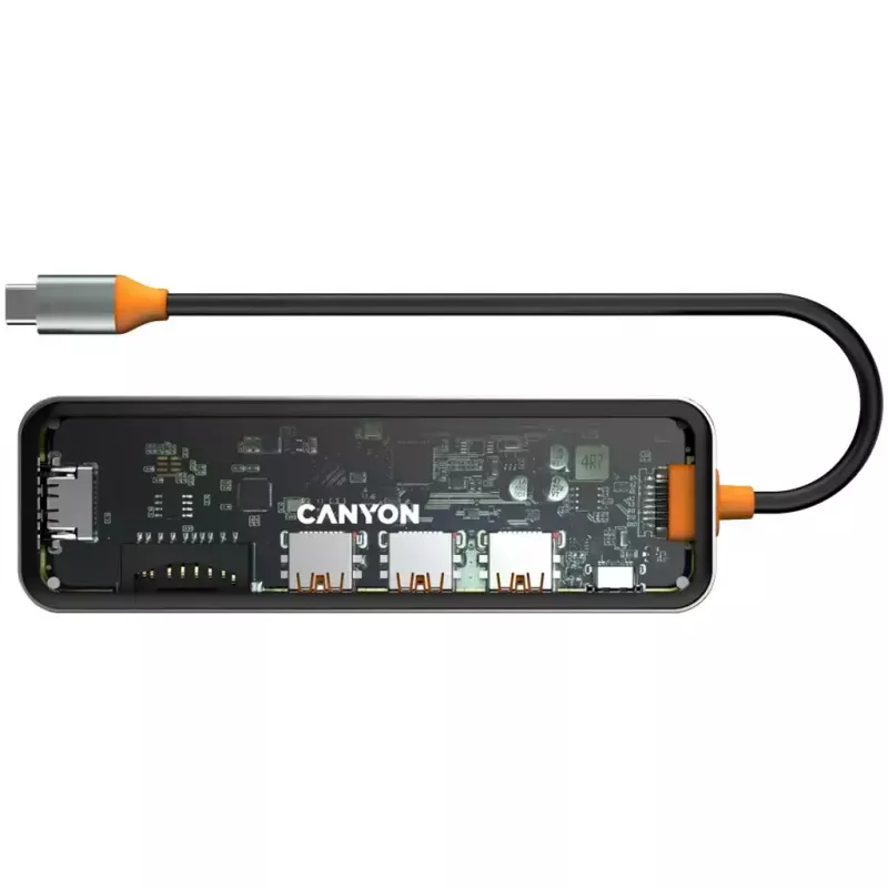 Canyon DS-13 CNS-TDS13 διανομέας USB-C 7 σε 1, HDMI 4K, 3x USB 3.0, USB-C PD 100W, συσκευή ανάγνωσης SD/microSD, διάφανο Space Grey