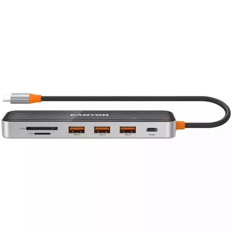 Canyon DS-13 CNS-TDS13 διανομέας USB-C 7 σε 1, HDMI 4K, 3x USB 3.0, USB-C PD 100W, συσκευή ανάγνωσης SD/microSD, διάφανο Space Grey