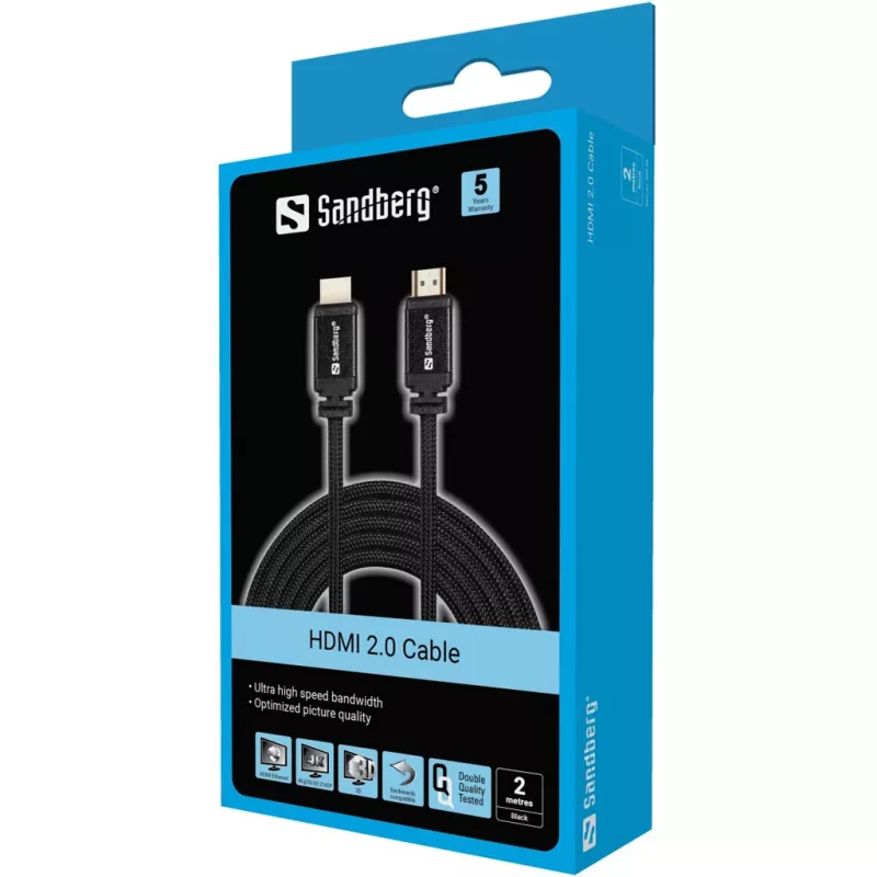 Καλώδιο HDMI 2.0 Sandberg 19M-19M, 2 m, HDMI Type A (Standard), HDMI Type A (Standard), μαύρο