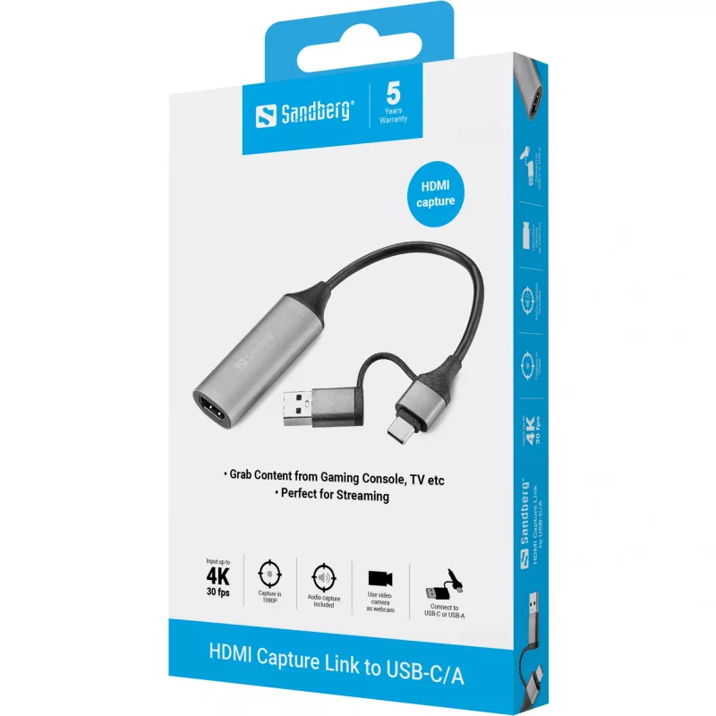 Sandberg HDMI Capture Link σε USB-C/A, HDMI τύπου A (Standard), USB Type-A + USB Type-C, υποδοχή θηλυκή, βύσμα αρσενικό, ευθύ, ευθύ