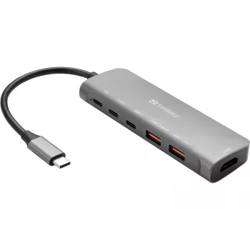 Sandberg 136-65 σταθμός σύνδεσης USB-C HDMI + 2x USB-A + 2x USB-C + PD 100 W, USB 3.2, 4K 60 Hz, αλουμίνιο, ασημί