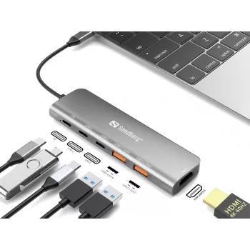 Sandberg 136-65 σταθμός σύνδεσης USB-C HDMI + 2x USB-A + 2x USB-C + PD 100 W, USB 3.2, 4K 60 Hz, αλουμίνιο, ασημί