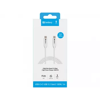 Sandberg USB-CC USB 3.2 Gen2 100W, 1M, 1 m, USB C, USB C, USB 3.2 Gen 2 (3.1 Gen 2), 10 Gbit/s, λευκό