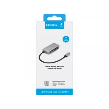 Sandberg USB-C Multi Card Reader Pro, CF, MMC, MicroSD (TransFlash), SD, SDHC, SDXC, xD, μαύρο, USB 3.2 Gen 1 (3.1 Gen 1) Type-C, 1 τεμ., 82 mm, 23 mm
