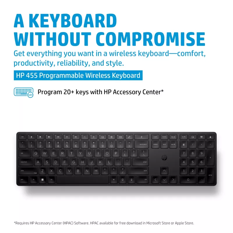 HP 455 Προγραμματιζόμενο ασύρματο πληκτρολόγιο, Full-Size (100 %), ασύρματο, RF Wireless, μεμβράνης, μαύρο