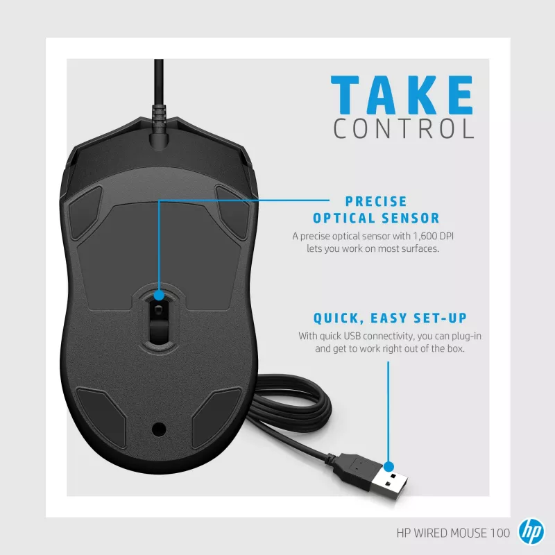 Ενσύρματο ποντίκι HP 100, αμφίχειρο, οπτικό, USB Type-A, 1600 DPI, μαύρο