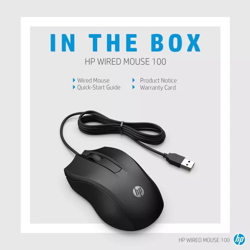 Ενσύρματο ποντίκι HP 100, αμφίχειρο, οπτικό, USB Type-A, 1600 DPI, μαύρο