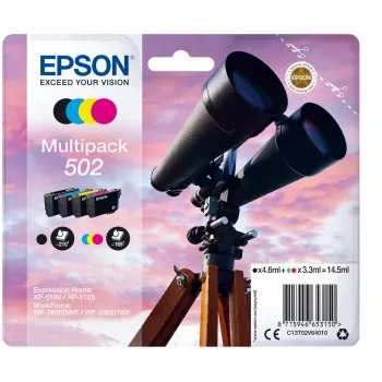 Epson πολυσυσκευασία 4 χρωμάτων 502 μελάνη, Standard χωρητικότητα, μαύρο, cyan, magenta, κίτρινο, 4,6 ml, 3,3 ml, 1 τεμ., 210 σελίδες