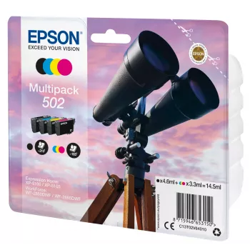 Epson πολυσυσκευασία 4 χρωμάτων 502 μελάνη, Standard χωρητικότητα, μαύρο, cyan, magenta, κίτρινο, 4,6 ml, 3,3 ml, 1 τεμ., 210 σελίδες