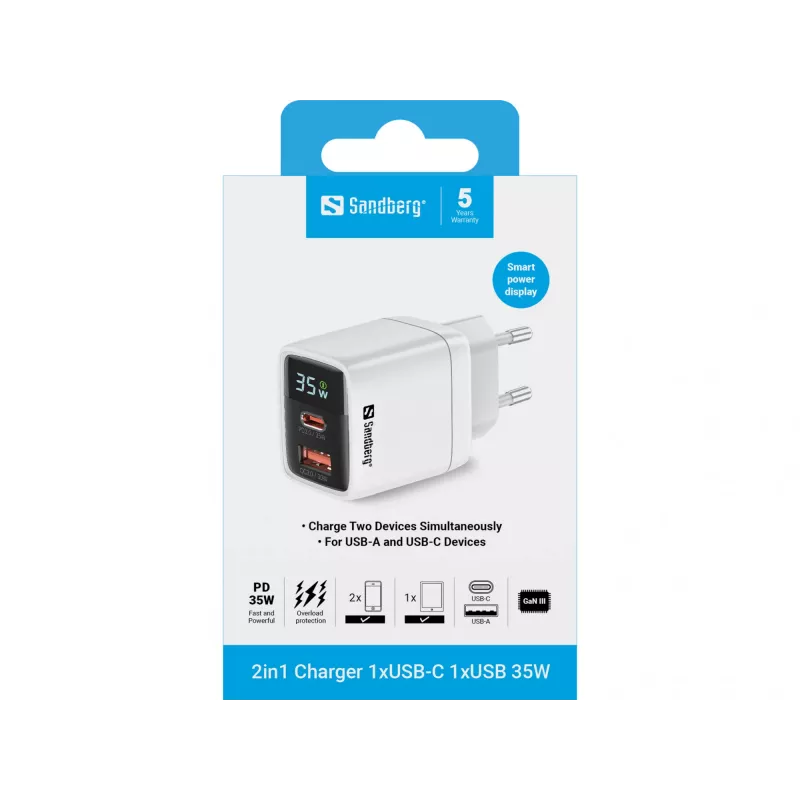 Φορτιστής Sandberg 2in1 1xUSB-C 1xUSB 35W Indoor AC Universal