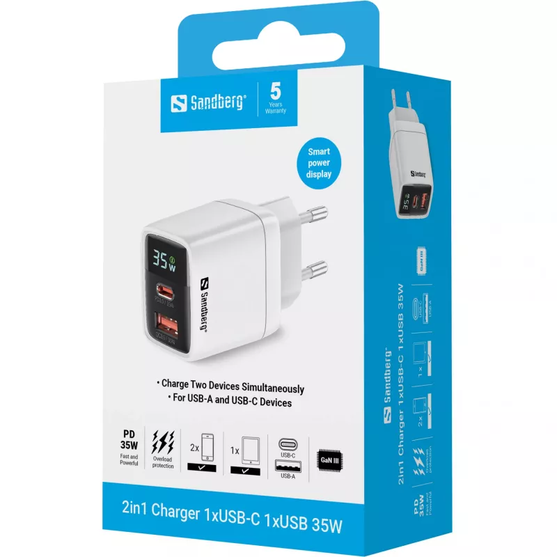Φορτιστής Sandberg 2in1 1xUSB-C 1xUSB 35W Indoor AC Universal
