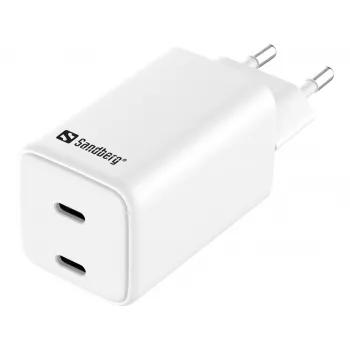 Φορτιστής AC Sandberg Dual USB-C PD65W EU, εσωτερικού χώρου, AC, 20 V, 3,25 A, λευκό