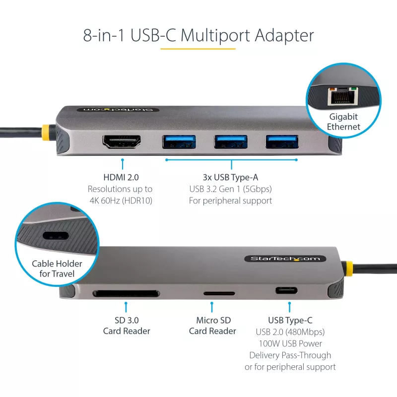 StarTech.com Προσαρμογέας USB-C Πολλαπλών Θυρών – 4K 60Hz HDMI Video, Hub USB-A 3 Θυρών 5Gbit/s, 100W USB Power Delivery Pass-Through/GbE/SD/MicroSD, Καλώδιο 30cm, Φορητή Θύρα Σύνδεσης Φορητού Υπολογιστή