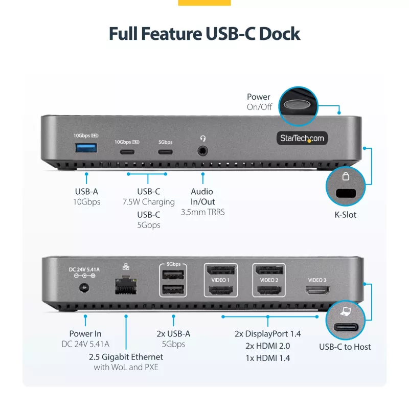StarTech.com Θύρα Σύνδεσης USB-C Τριών Οθονών - HDMI/DP Triple 4k USB-C Dock - 5x USB Hub - GbE - 100W PD - Καθολική Θύρα Σύνδεσης Πολλαπλών Οθονών - Συμβατή με Thunderbolt 3/4