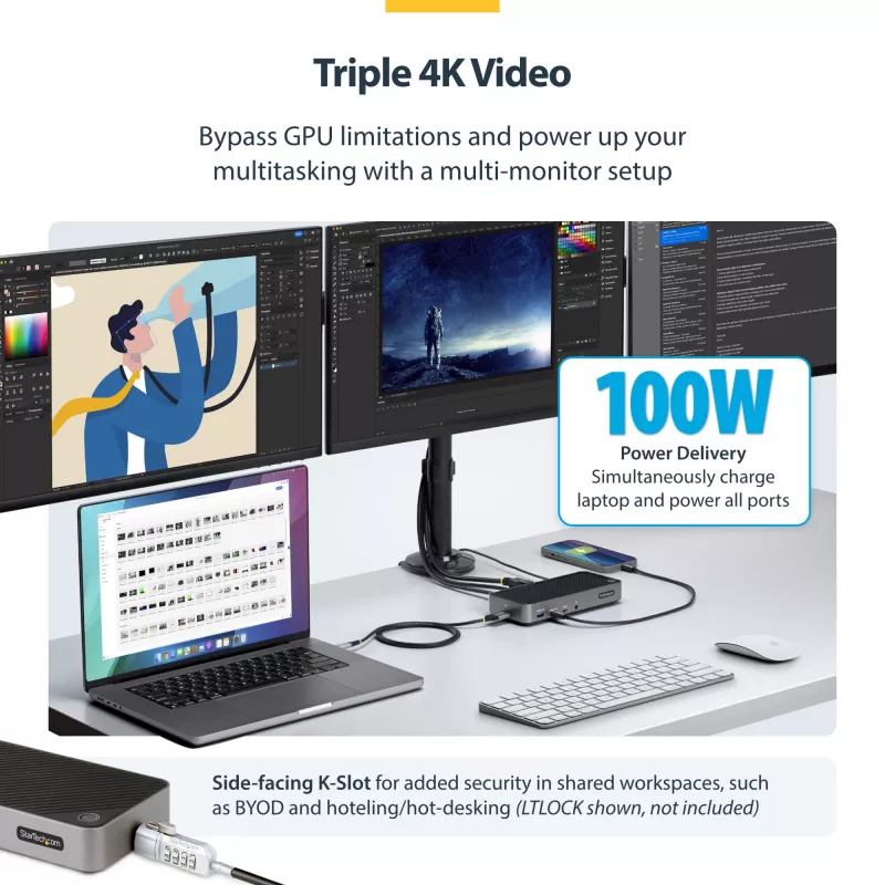 StarTech.com Θύρα Σύνδεσης USB-C Τριών Οθονών - HDMI/DP Triple 4k USB-C Dock - 5x USB Hub - GbE - 100W PD - Καθολική Θύρα Σύνδεσης Πολλαπλών Οθονών - Συμβατή με Thunderbolt 3/4