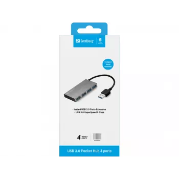 Sandberg USB 3.0 Pocket Hub 4 Θυρών, USB 3.2 Gen 1 (3.1 Gen 1) Type-A, USB 3.2 Gen 1 (3.1 Gen 1) Type-A, 5000 Mbit/s, Λευκό, Αλουμίνιο, RoHS