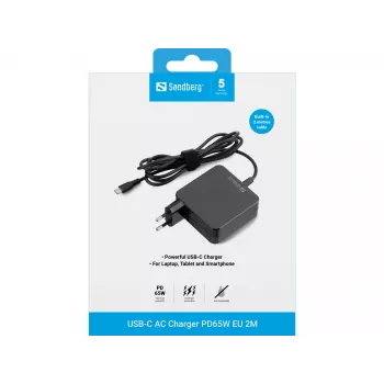 Sandberg USB-C AC Φορτιστής PD65W EU 2M, Εσωτερικού Χώρου, AC, 20 V, 1 m, Μαύρο