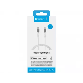 Sandberg USB-C PD to Lightning MFI 1M PRO, 1 m, Lightning, USB C, αρσενικό βύσμα, αρσενικό βύσμα, λευκό