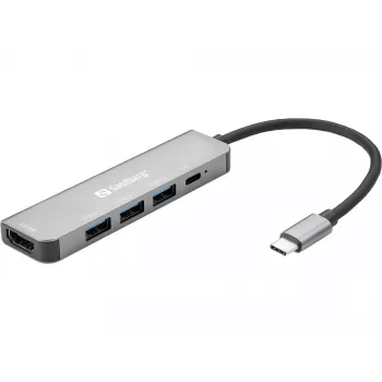 Sandberg USB-C Dock HDMI+3xUSB+PD 100W, Ενσύρματο, USB 3.2 Gen 1 (3.1 Gen 1) Type-C, 100 W, γκρι, 4K Ultra HD, αλουμίνιο