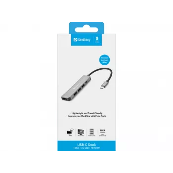 Sandberg USB-C Dock HDMI+3xUSB+PD 100W, Ενσύρματο, USB 3.2 Gen 1 (3.1 Gen 1) Type-C, 100 W, γκρι, 4K Ultra HD, αλουμίνιο
