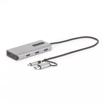 StarTech.com προσαρμογέας USB-C Multiport με ενσωματωμένο dongle USB-C σε USB-A, Dual HDMI (4K30Hz/1080p60Hz), 3x USB-A 5Gbps, Mini Travel Dock, σταθμός σύνδεσης laptop, καλώδιο 1,3ft/40cm