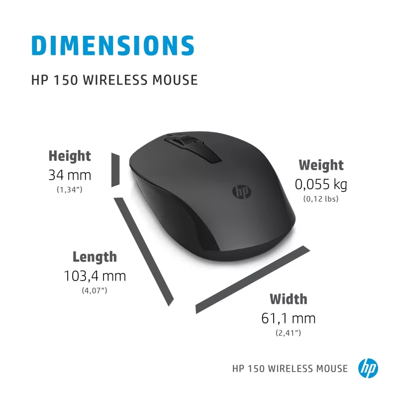HP 150 Ασύρματο ποντίκι, αμφίχειρο, οπτικό, RF Wireless, 1600 dpi, Μαύρο