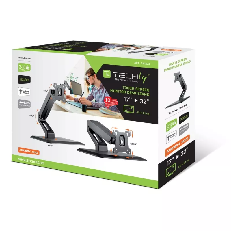 Techly ICA-LCD 35TS βάση γραφείου για οθόνη αφής, 17-32 ίντσες, έως 10 kg, VESA 75x75/100x100, αμορτισέρ αερίου, μαύρη