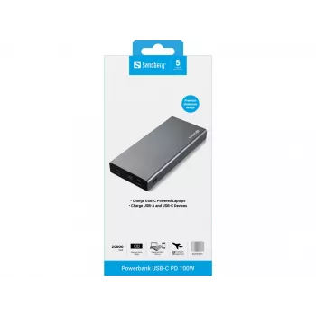 Sandberg Powerbank USB-C PD 100W 20000, 20000 mAh, Ιόντων λιθίου (Li-Ion), Quick Charge 3.0, 100 W, Γκρι
