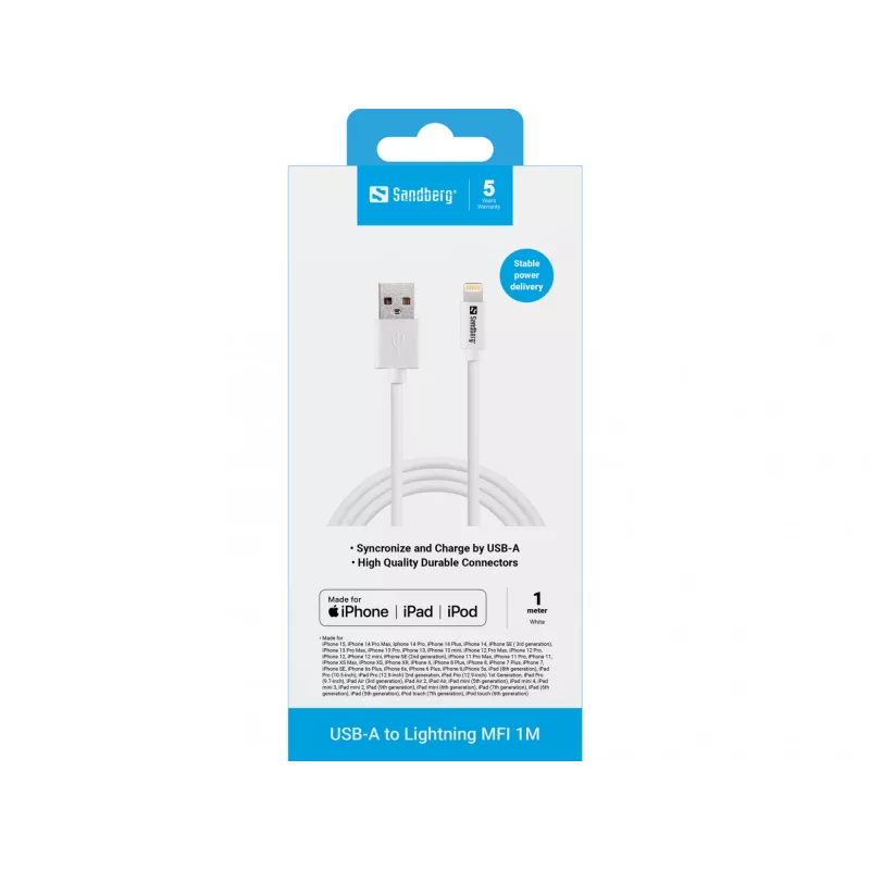 Sandberg USB-A σε Lightning MFI 1M, 1 m, Lightning, USB A, λευκό, ευθύ, ευθύ