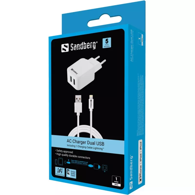 Sandberg AC φορτιστής EU Lightning 2.4A, εσωτερικού χώρου, AC, 5 V, λευκό