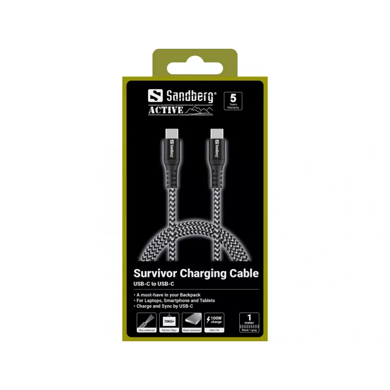 Sandberg Survivor καλώδιο USB-C 1M 100W, 1 m, USB C, USB C, USB 2.0, μαύρο, γκρι